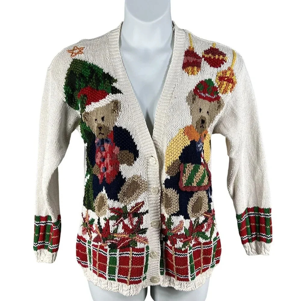 Vintage Crystal-Kobe  Womens M Cardigan Sweater Multi Color Bear Motif